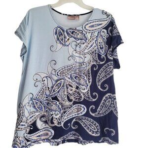 Chicos Shirt Womens XL 3 Blue Paisley Print Short Sleeve Scoop Neck Top Casual